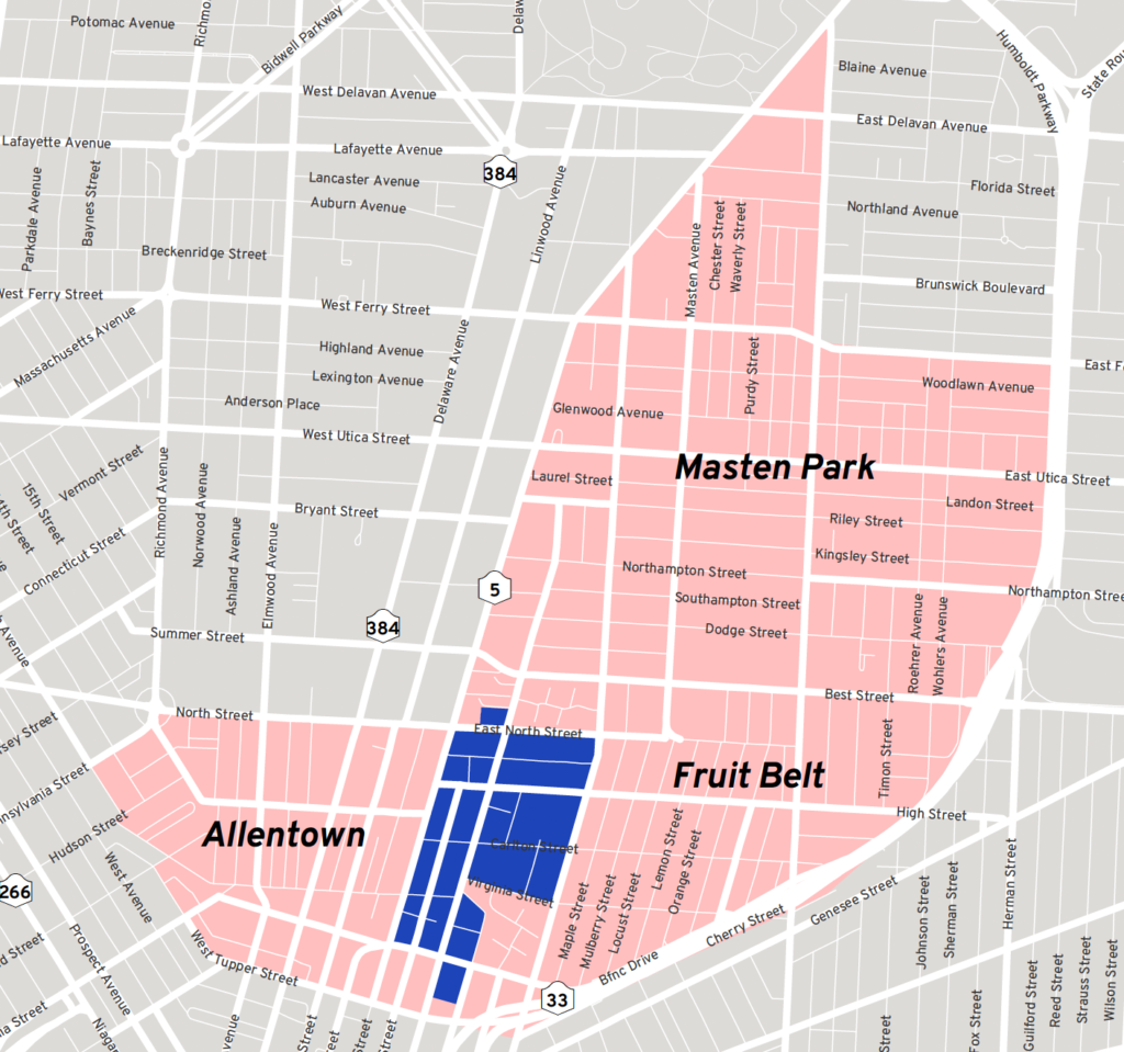 Image shows a map of the area in which Buffalo All Access will operate. It shows an area from North Street, south to Goddell Street, bordered by the Allentown and Fruit Belt neighborhoods to the east and west.