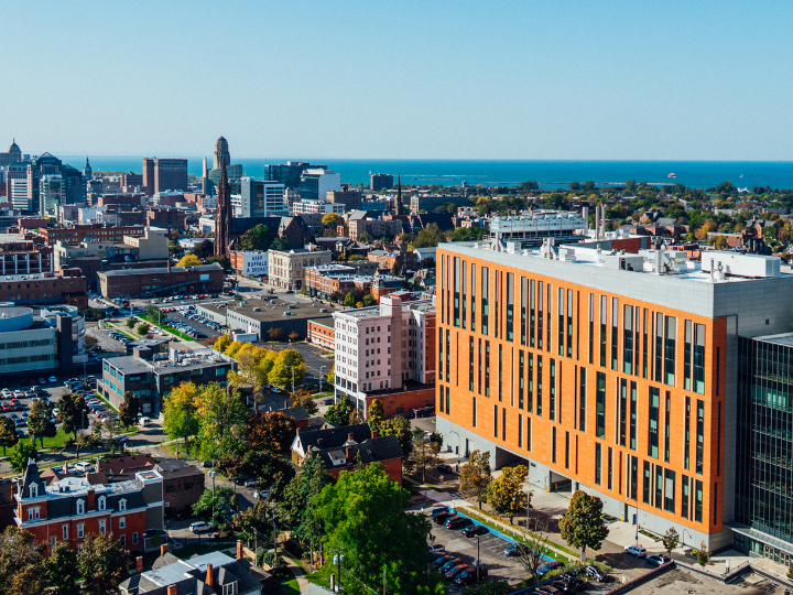 Image shows an aerial view of the Buffalo Niagara Medical Campus looking South.