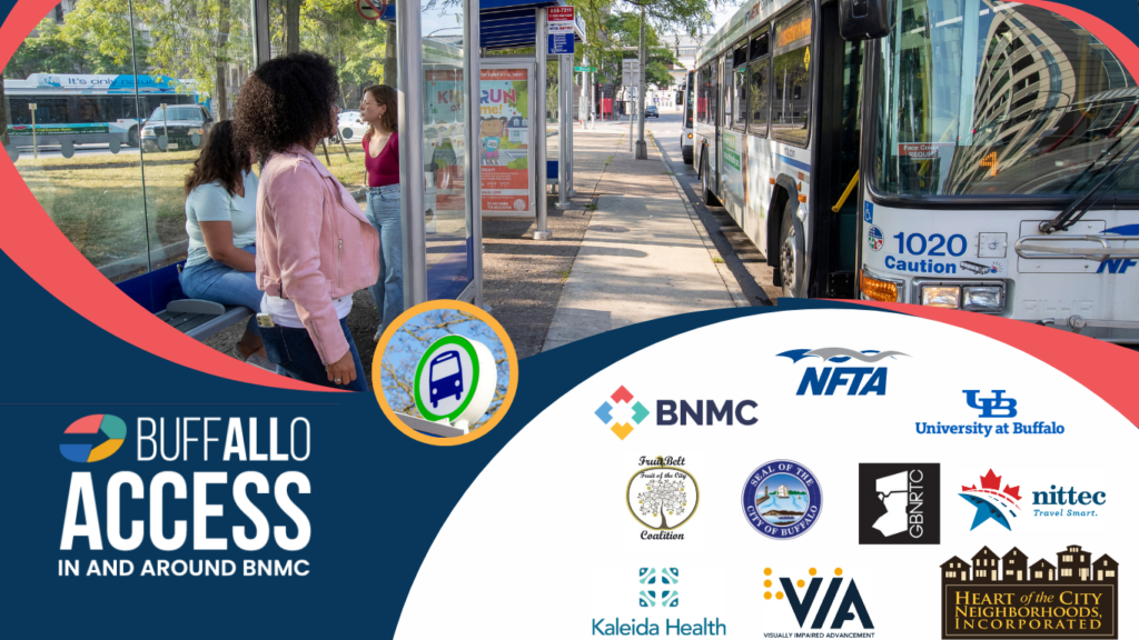 Image showing an NFTA bus stopping in Buffalo along with the logos of each of the partners participating in the All Access project.

